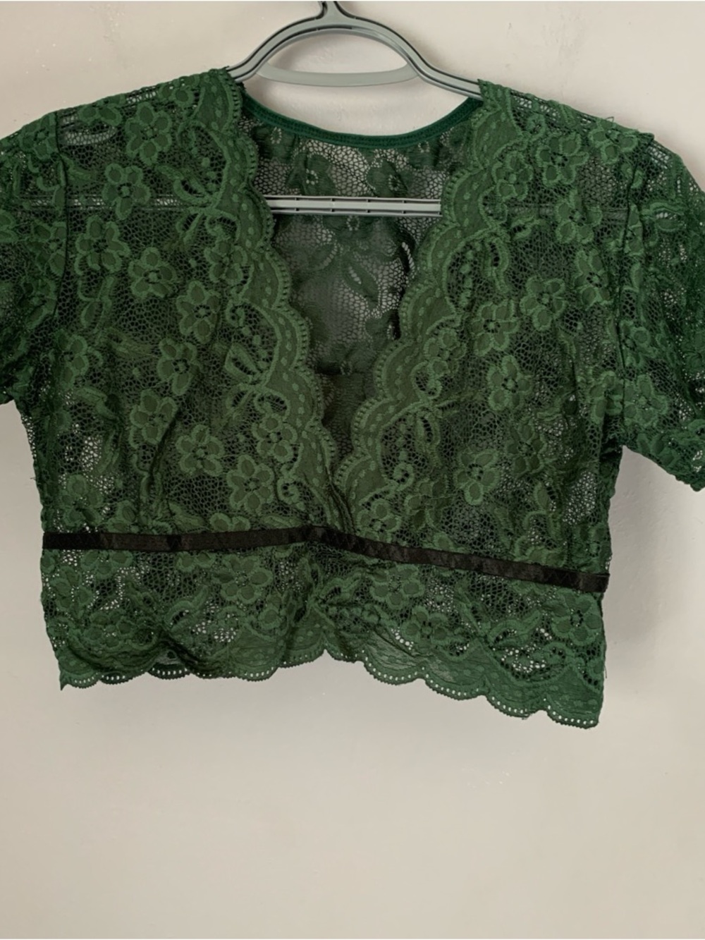 Green Lace Cropped V-Neck Top